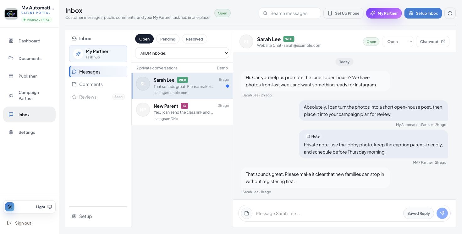 MAP portal Inbox with customer message and response workflow