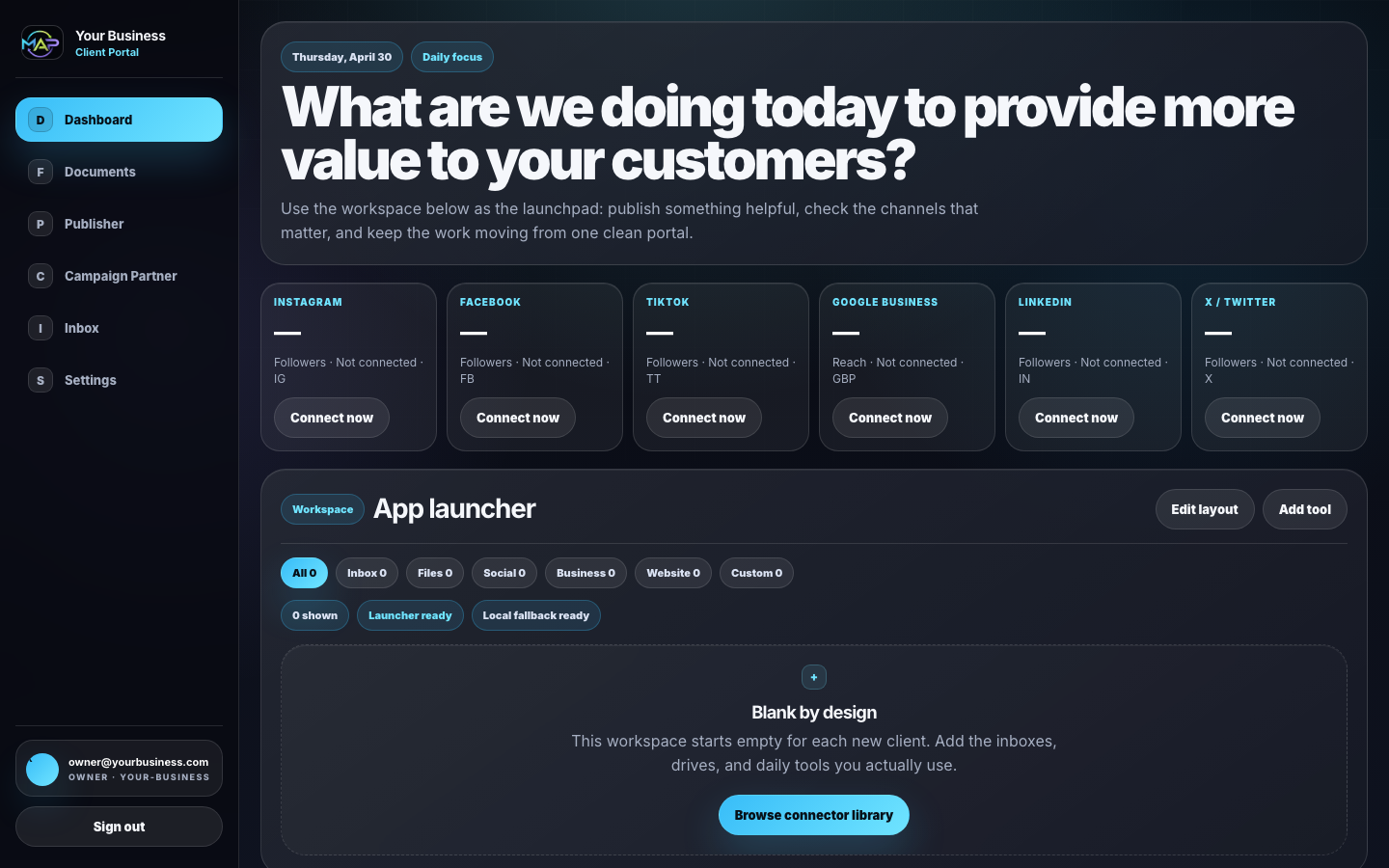 Dashboard screen from the MAP customer portal